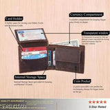 ABOOST RFID-protected brown leather wallet for men, featuring 2 compartments and multiple card slots. High-quality genuine leather, handcrafted in India