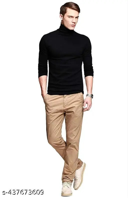 Black cotton men's casual turtleneck or high neck full sleeve T-shirt (India), size M: chest 38in, length 27in; L: chest 40in, length 28in; XL: chest 42in, length 29in. Soft fabric, comfortable fit. Pair with jeans or trousers for a stylish look
