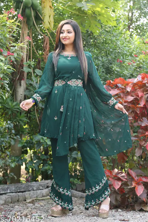 Green faux Georgette Kurta Palazzo Set with embroidered top and dupatta, women's Indian ethnic wear