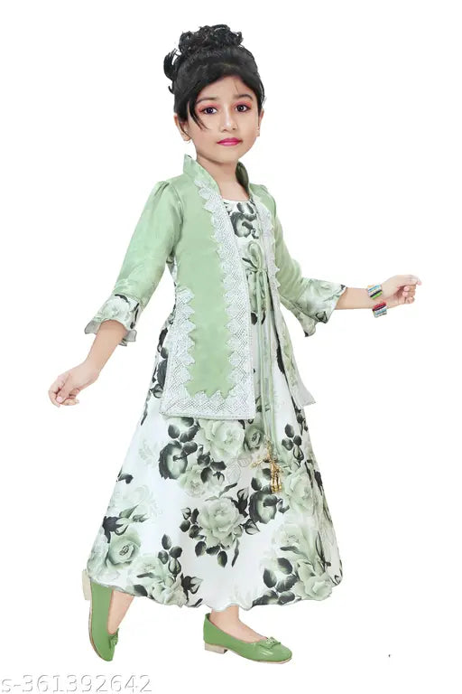 Light pink and green cotton blend lace net newgown for girls, perfect for parties, weddings, and Indian festivals like Diwali, Navratri. Comfortable for all seasons. Size 2-3 Years (Bust 20in, Length 24in). Made in India