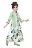 Light pink and green cotton blend lace net newgown for girls, perfect for parties, weddings, and Indian festivals like Diwali, Navratri. Comfortable for all seasons. Size 2-3 Years (Bust 20in, Length 24in). Made in India