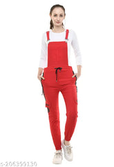 Red printing stretchable cotton blend dungaree jumpsuit - pack of 1 (S28, M30, L32, XL34)