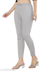 Light grey cotton blend solid trouser by Priya Point, comfortable half-elasticated waistband