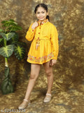 Denim embroidery dress with long sleeves, printed net pattern. Trendy kids' dress from India (5-6yrs to 10-11yrs)