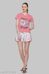 Cotton printed sleepwear set for women - Indian-made, features a short-sleeved top and shorts with eye-catching patterns