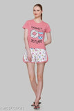 Cotton printed sleepwear set for women - Indian-made, features a short-sleeved top and shorts with eye-catching patterns