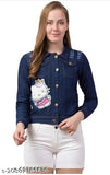 Denim Hello Kitty light jacket with three-quarter sleeves, printed net pattern, size S (35in bust, 20in length), made in India
