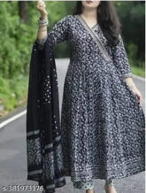 Black premium printed designer Anarkali embroidery Rayon kurta set with pant and cotton dupatta, Indian women's fashion wear on mannequin