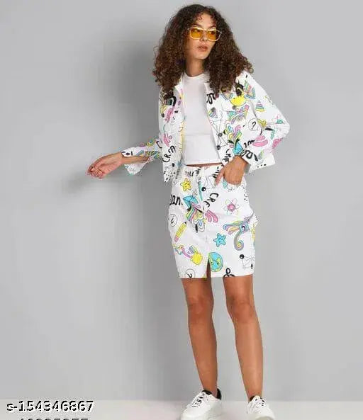 Denim funky jacket, printed net pattern on stylish long-sleeved women's jacket, size S (bust 34in, length 17in), made in India