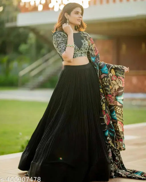 Satin embroidered semi-stitched Lehenga Choli in Art Silk, Indian botanical motifs, unstitched blouse (0.8m), ready-to-ship, ethnic design from India