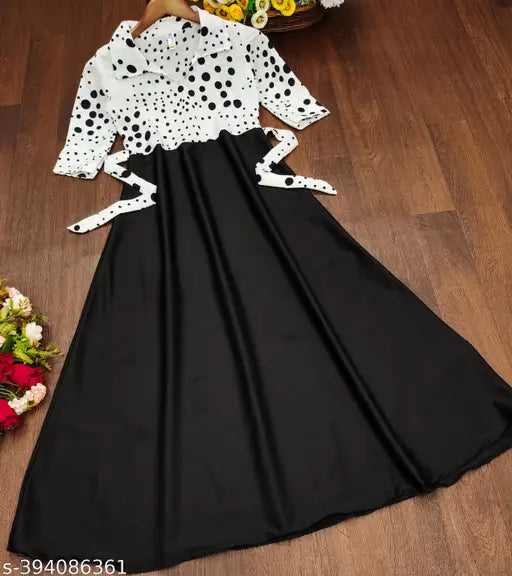New black crepe collar neck floral print maxi dress for girls, high-quality designer party wear