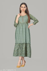 Cotton blend, layered foil printed kurti gown with three-quarter sleeves - Indian designer fashion