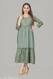 Cotton blend, layered foil printed kurti gown with three-quarter sleeves - Indian designer fashion