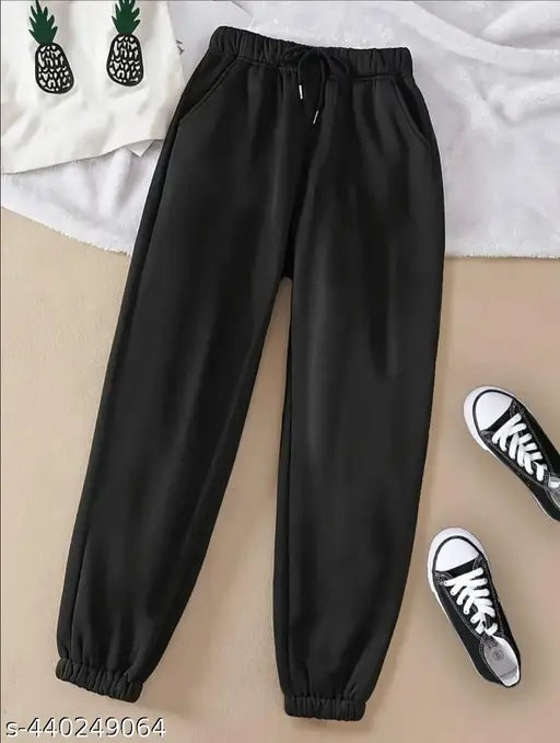 Black polycotton women's joggers for winter, elastic waistband with deep side pockets, comfortable for sports, gym, or running