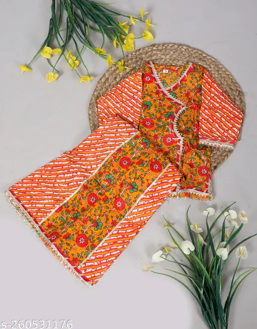Cotton Jaipuri print one-shoulder top/kurti & printed lehenga/skirt set (S19_A), floral design, three-quarter sleeves. Traditional Indian ethnic wear for baby girls, made from soft cotton fabric