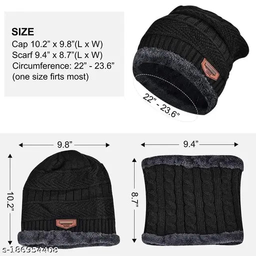 Black textured unisex woolen beanie cap & fur-lined muffler set, perfect for winter activities