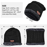 Black textured unisex woolen beanie cap & fur-lined muffler set, perfect for winter activities
