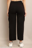 Cream cotton blend four pocket cargo pant for woman, high-rise with slanted inset pockets and patch flap, stretchable and casual to formal wear