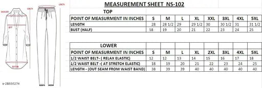 Plush women's cotton summer night suit set (NS-102), all over printed, three-quarter sleeves, size S: 28" length, chest 18", lower length 38", waist 12