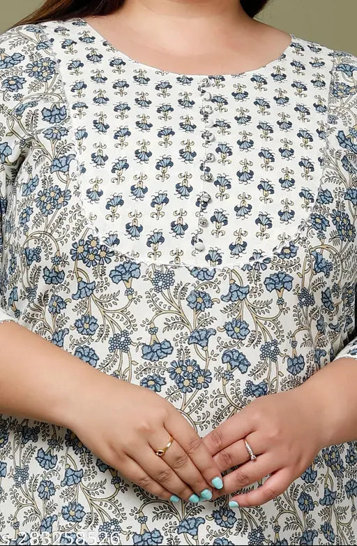 Printed floral print plus size pure cotton straight kurta (cream), women's three-quarter sleeve Kurta on model, Indian handcrafted ethnic wear for large sizes