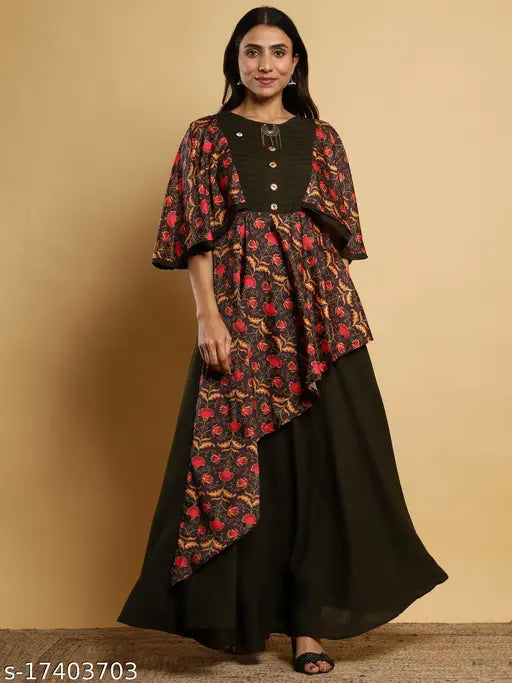 Green printed rayon anarkali kurta with Madhuram woman design, three-quarter sleeve length, Indian fashion apparel