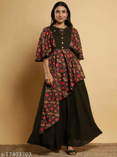 Green printed rayon anarkali kurta with Madhuram woman design, three-quarter sleeve length, Indian fashion apparel