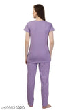 Purple hosiery cotton printed half sleeve nightsuit top and pyjama set for ladies, features short sleeves and regular fit
