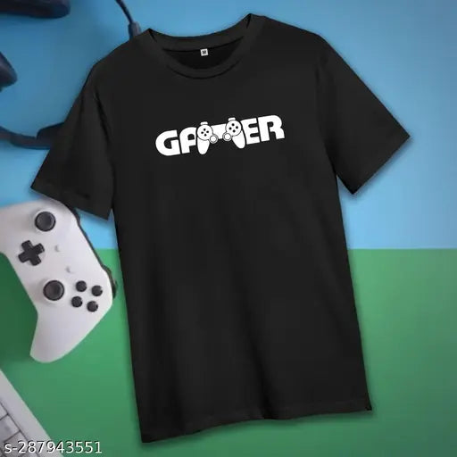 Black cotton unisex Console Gamer Round Neck Tee, vintage video games lover design with PUBG & BGMI, perfect for PC gamers, streamers, or multiplayer FPS enthusiasts