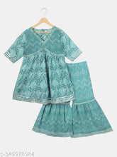 Teal paisley printed rayon kurta and sharara set, A-line top with V neckline and short sleeves, India-made ethnic wear for festive and weddings