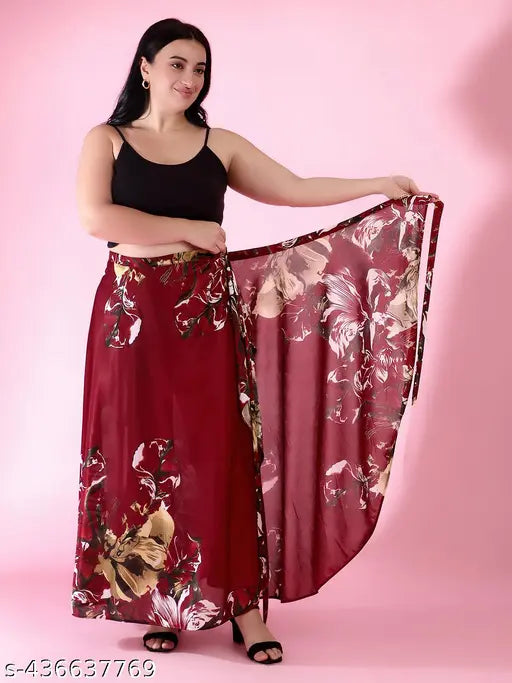 Maroon printed satin maxi wrap skirt for women, perfect for casual and formal occasions