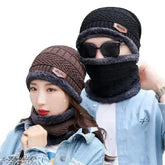Unisex black-brown woolen premium quality beanie cap & neck warmer set (2 caps, 2 warmers), textured design for men, women, and children. Indian-made winter essentials for warmth and style