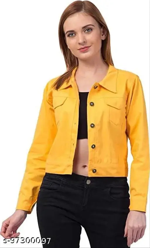 Yellow denim long-sleeve jacket, solid design. S - Bust 34in/Length 19in