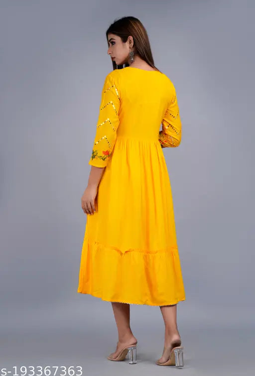 Pink, Blue, White, Red, and Yellow embroidered rayon gown with three-quarter sleeves. Indian handcrafted evening wear