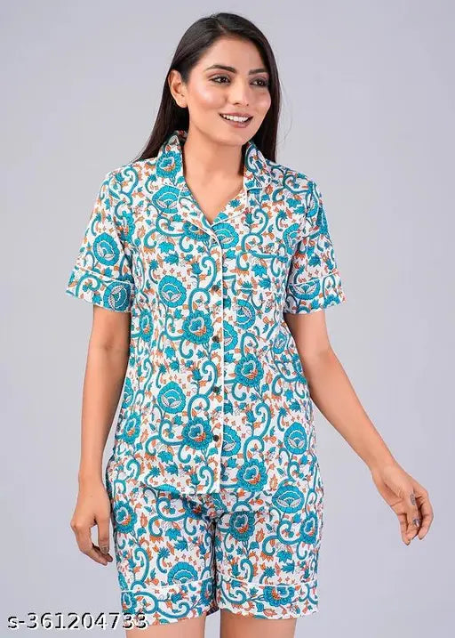 Floral pattern cotton night dress for women, short sleeves, printed floral design