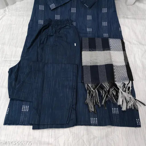 Cotton set with printed net Dupatta Kurta, three-quarter sleeves, single size (XXS-XXXL), Indian clothing on hanger