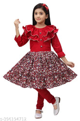 Printed crepe anarkali knee-length frock dress for girls, without dupatta, three-quarter sleeves. Indian girls' top & bottom set