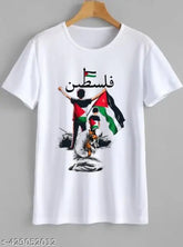 Red polyester Free Palestine t-shirt with printed design, short sleeves