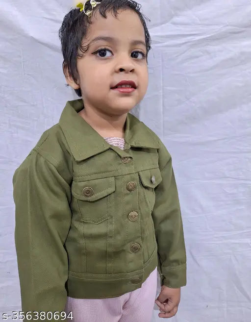 Olive denim full sleeve regular kids jacket by Fannox Enterprises - Solid pattern, long sleeves, for 1-2, 3-4, 5-6, 7-8, 9-10, and 11-12 year-olds. Made in India