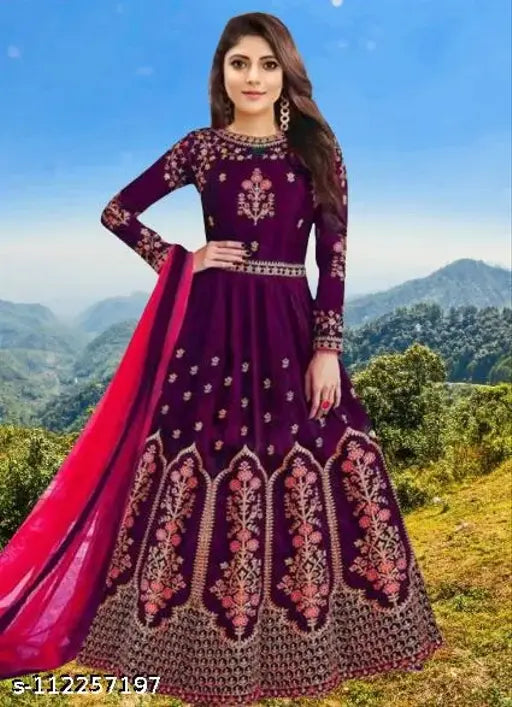 Taffeta nylon gown with embroidered net duppatta, Indian bridal wear for women in various sizes (M, L, XL, XXL, XXXL, Free Size)