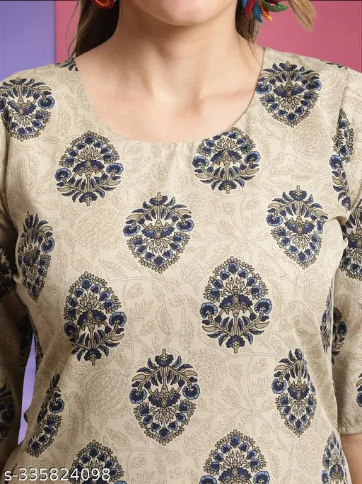Crepe kurta bottom pant set for women, printed Indian crepe fabric, short sleeves, single size available