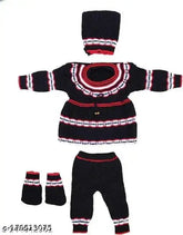 Woolen newborn frock set with cap & socks (India), warm printed long sleeve outfit for winter babies