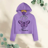 Cute purple printed crop top hoodie for girls, soft cotton blend, long sleeves