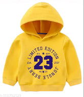 Yellow cotton blend kids hoodie for winter, full sleeve with printed design