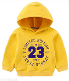 Yellow cotton blend kids hoodie, printed design for winter seasons, suitable for all children's sizes