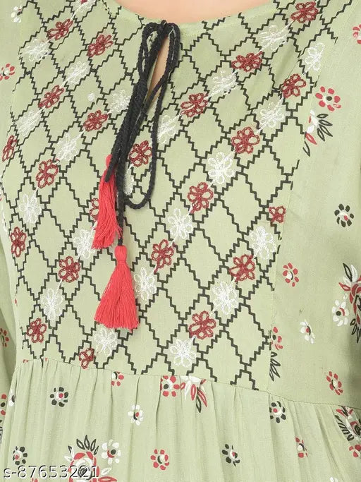 Pista green rayon embroidered top with long bell sleeves, Indian-made fashion