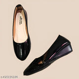 Handmade black patent leather wedge shoes for women, perfect for office wear and all-day comfort