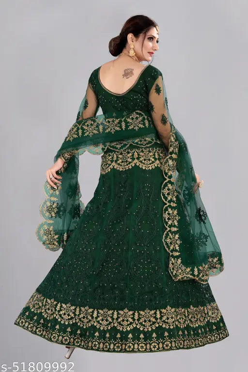 Green net lehenga with silk dupatta, embellished with heavy embroidery and stone work. Indian semi-stitched choli and dupatta set (Lehenga waist size: 44 in, Lehenga length size: 42 in, Dupatta length size: 2.25 in). Lehenga length: 46 inches