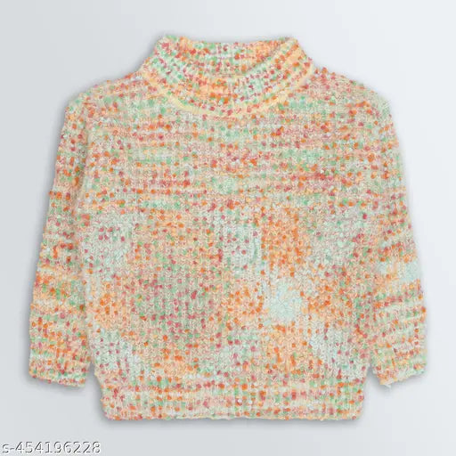 Peach acrylic loose fit sweater for girls, self-design round neck, 18-5 years old