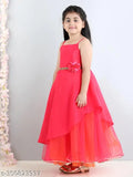 Rose Pink net balloon dress for girls, 10-11 years, Indian-made, full-length with shoulder straps