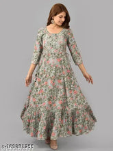 Cotton three-quarter sleeve women's embroidered anarkali kurta in flowers print, Indian fashion